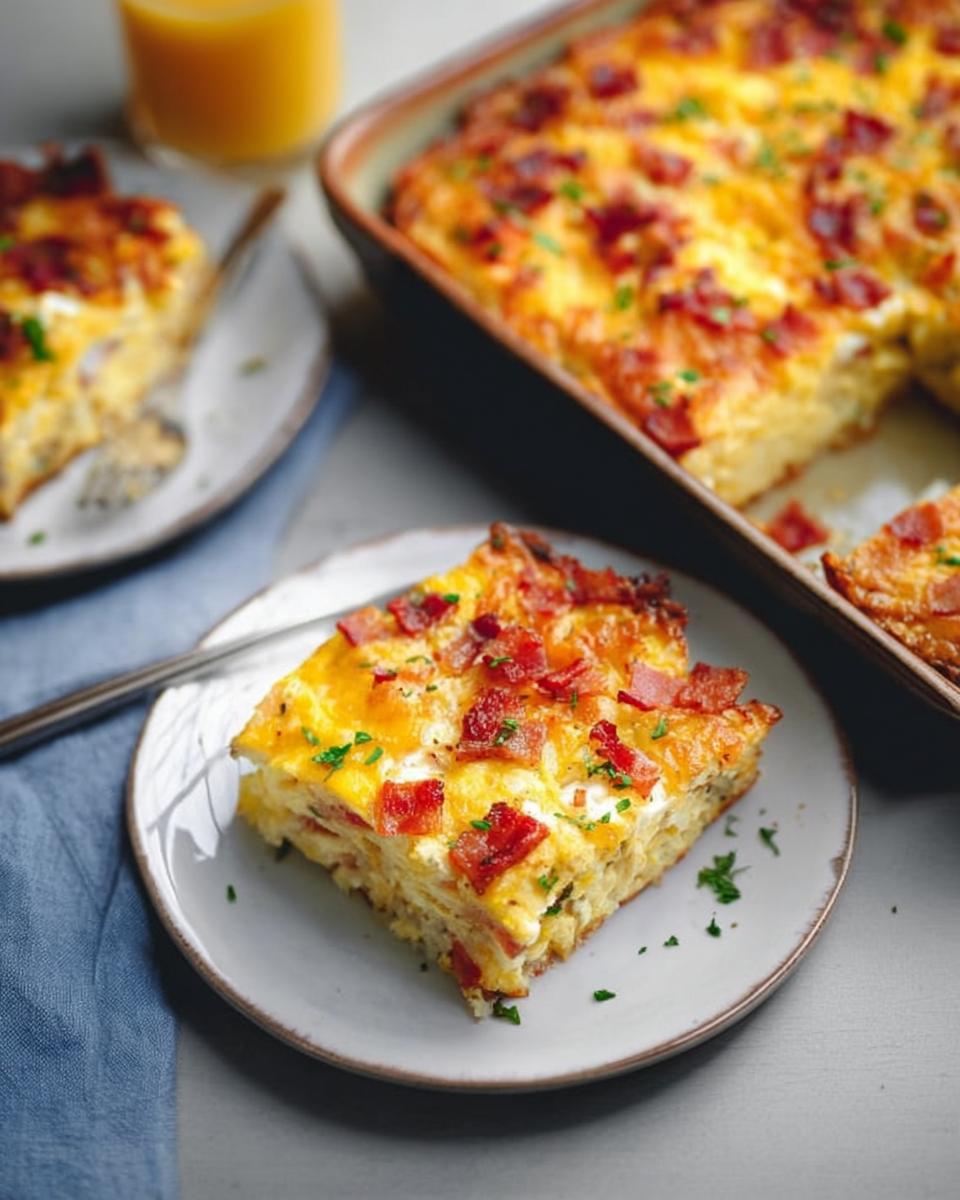 A slice of savory breakfast casserole with bacon and cheese, part of the only breakfast ideas recipes you’ll need.