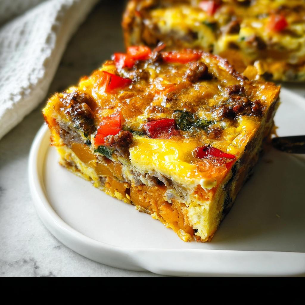 A slice of savory breakfast casserole with layers of eggs, sausage, sweet potato, and red peppers, perfect for meal prep.