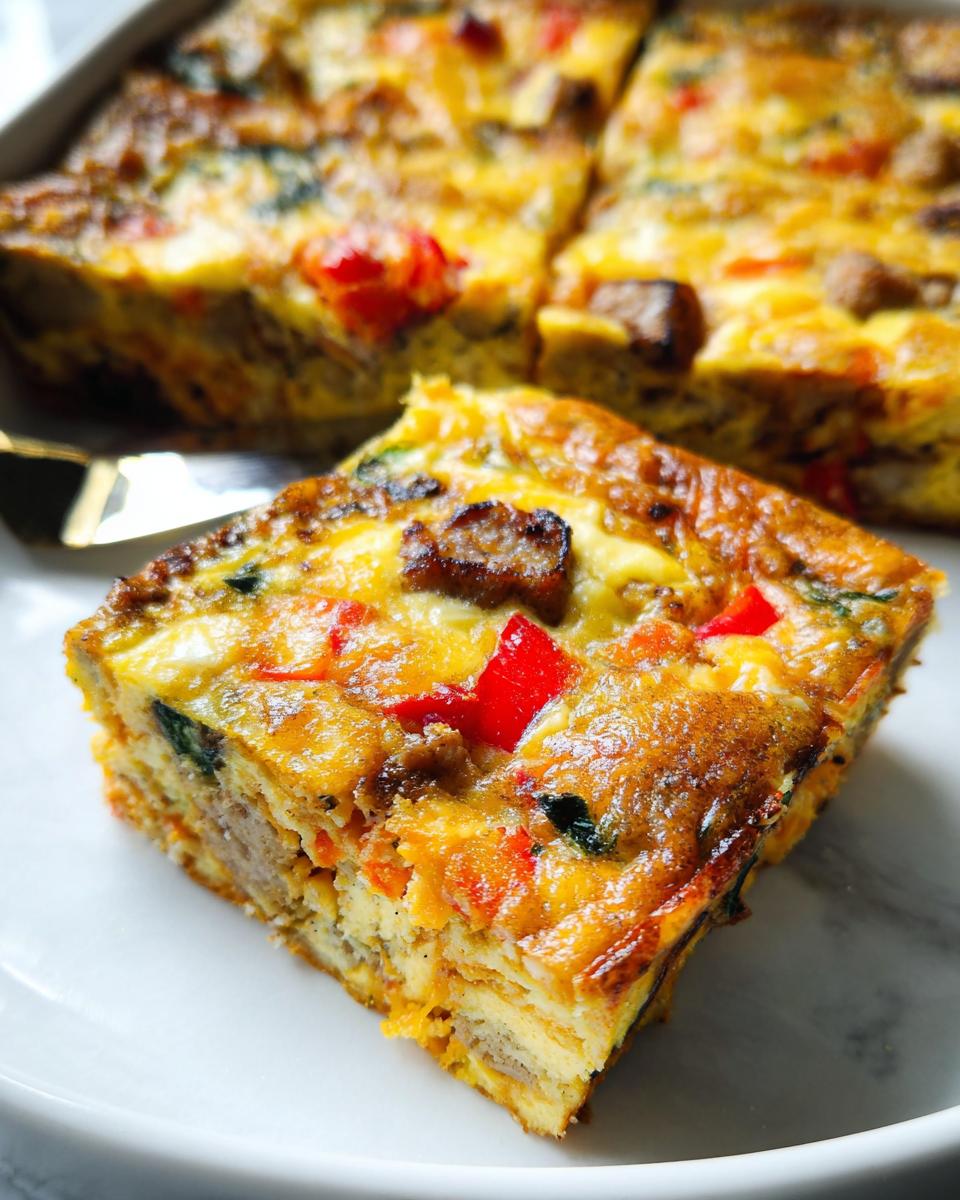 A slice of a hearty breakfast casserole with sausage, peppers, and spinach, perfect for meal prep.