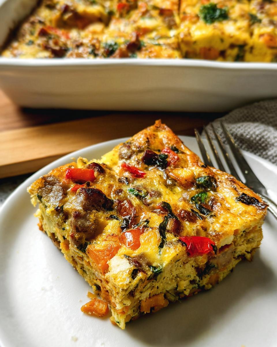 A delicious slice of breakfast casserole with eggs, sausage, vegetables, and sweet potato, perfect for meal prep.