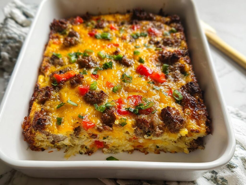 A delicious breakfast casserole with sausage, cheese, peppers, and hash browns, perfect for meal prep.
