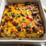 A delicious breakfast casserole with sausage, cheese, peppers, and hash browns, perfect for meal prep.