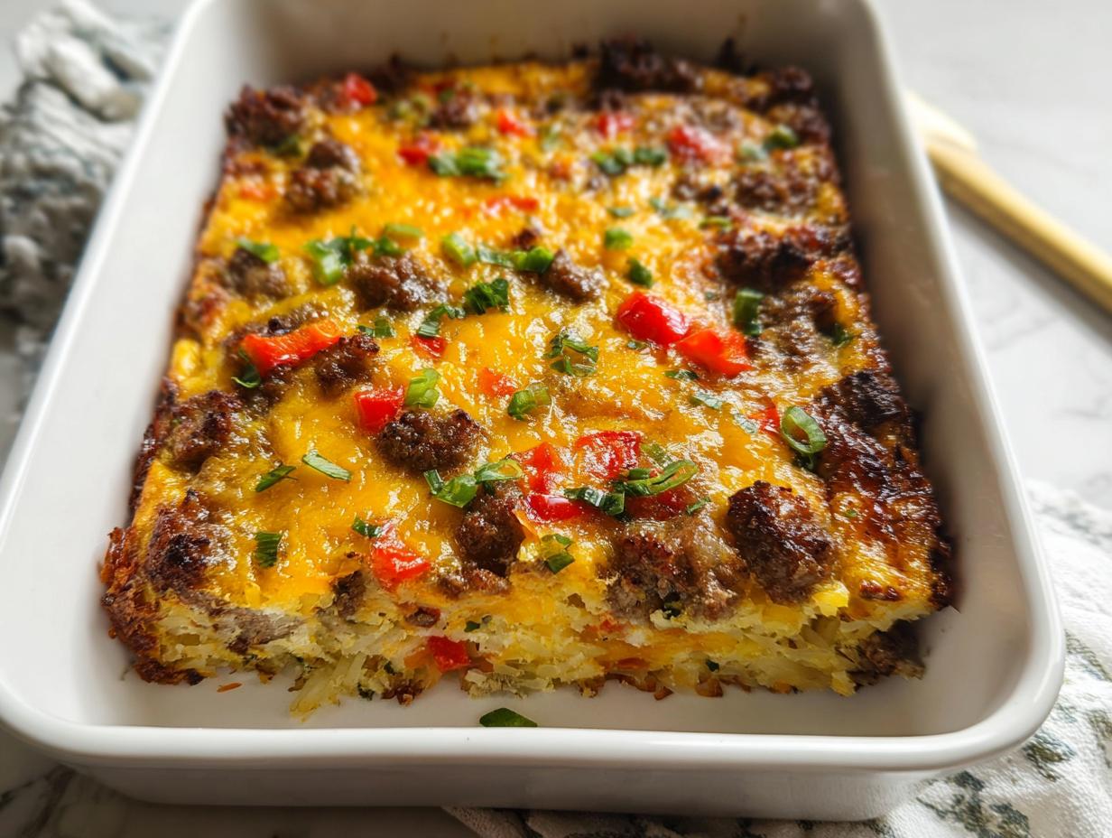A delicious breakfast casserole with sausage, cheese, peppers, and hash browns, perfect for meal prep.
