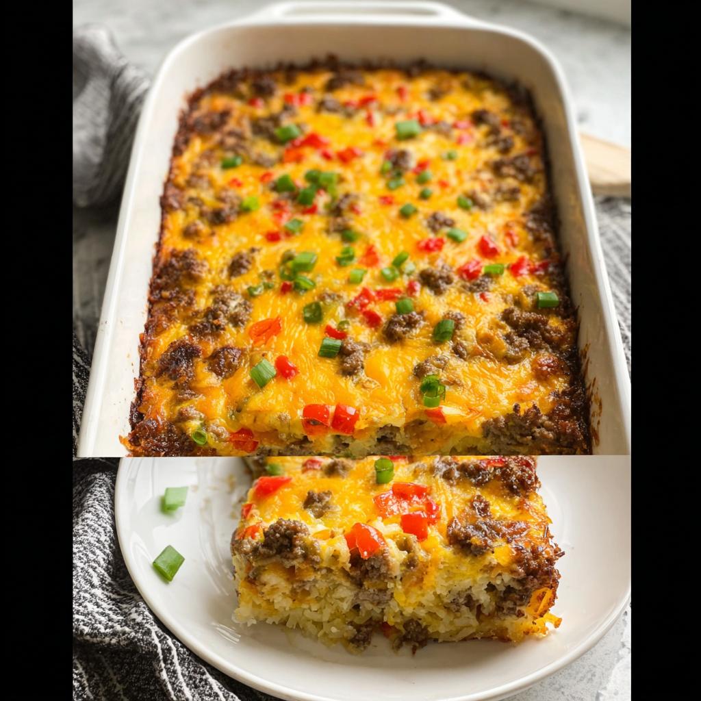 A hearty breakfast casserole with sausage, cheese, and peppers, perfect for breakfast ideas recipes meal prep.
