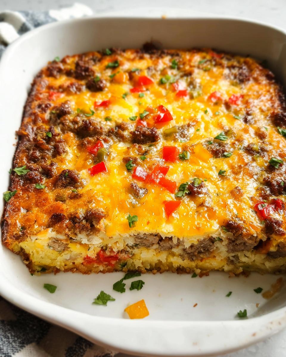 A slice of a savory breakfast casserole with sausage, cheese, and peppers, perfect for meal prep.