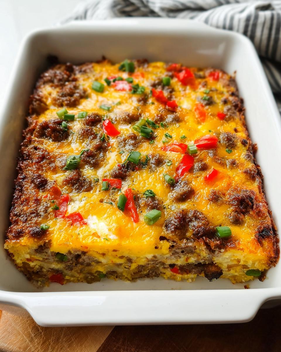 A close-up of a savory breakfast casserole with sausage, cheese, peppers, and scallions, perfect for meal prep.