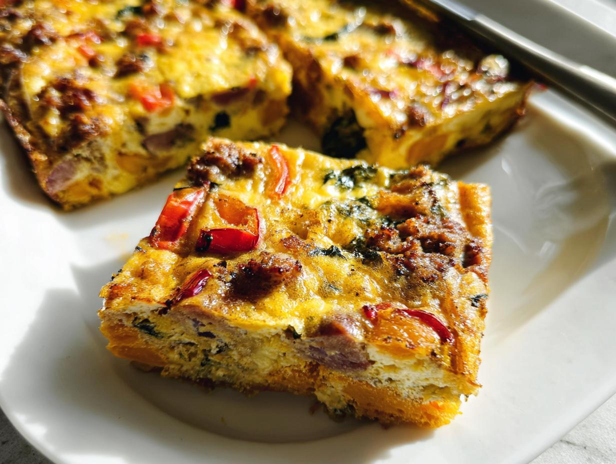 A close-up of a slice of savory breakfast casserole with sausage, peppers, and spinach, perfect for meal prep.