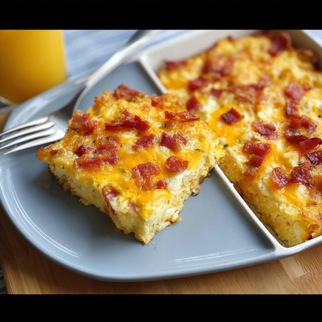 A slice of savory breakfast casserole with eggs, cheese, and bacon on a plate, part of our Breakfast Ideas Recipes.