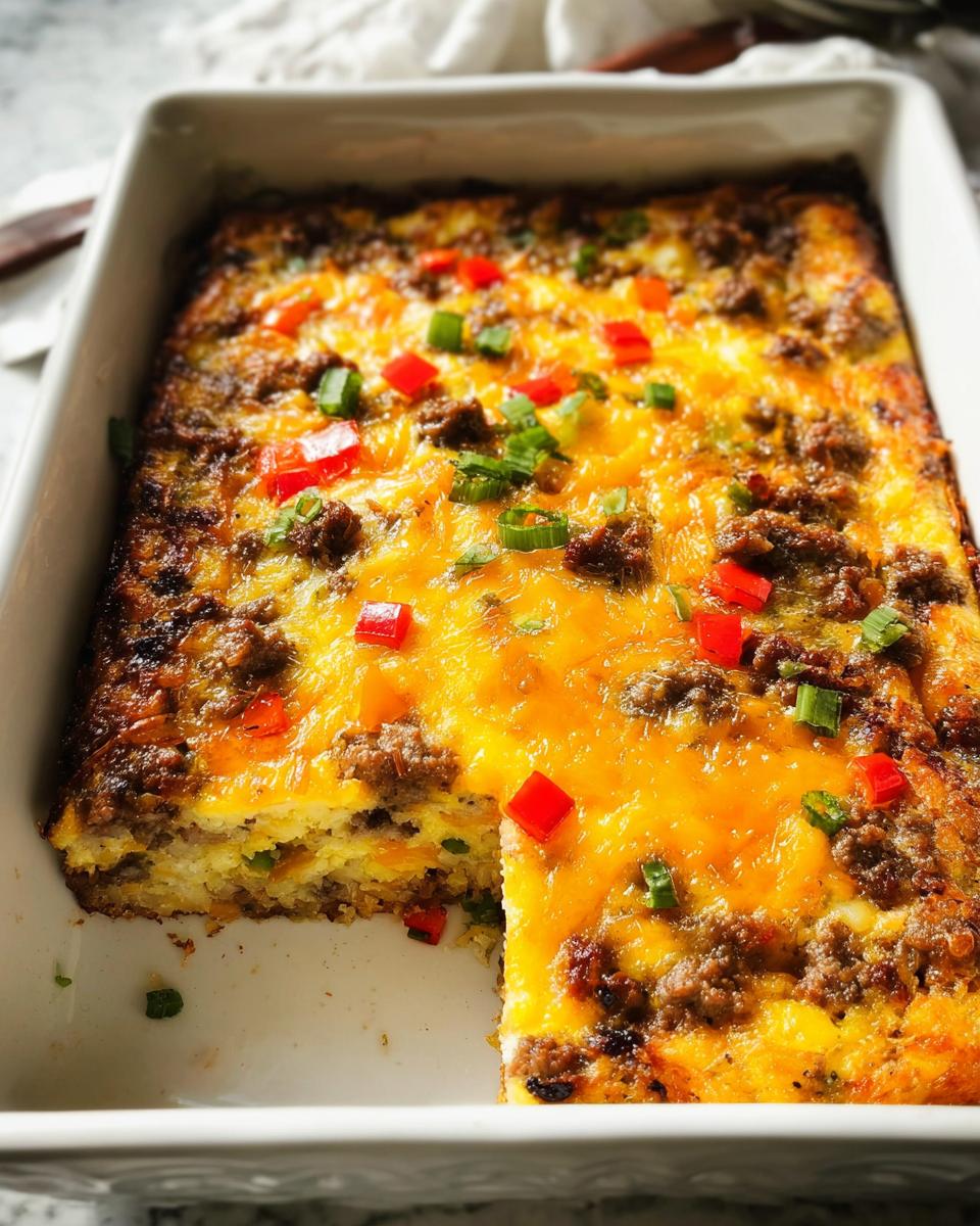 A hearty sausage and egg breakfast casserole with melted cheese, bell peppers, and green onions, perfect for breakfast ideas recipes meal prep.