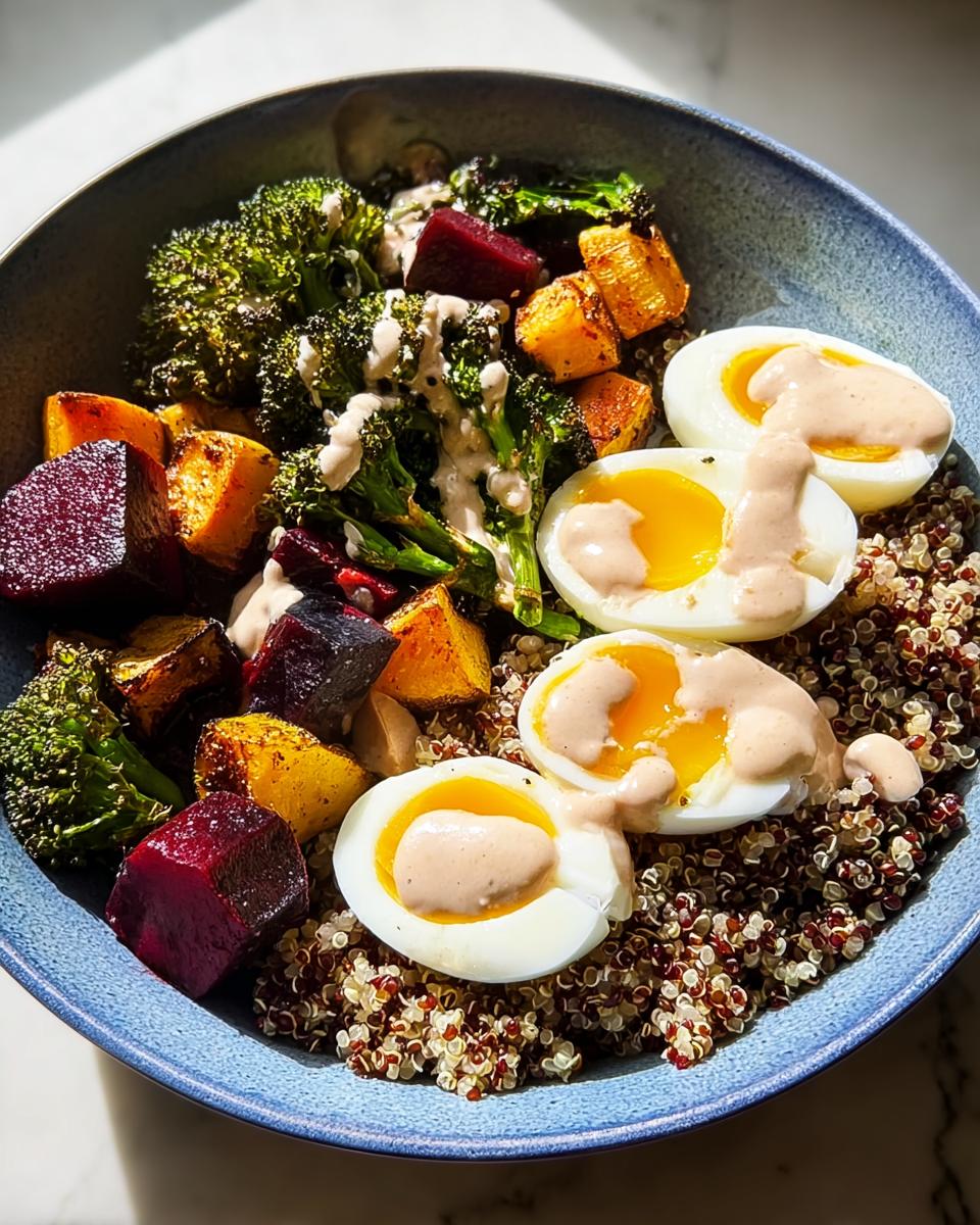 A vibrant bowl filled with quinoa, roasted vegetables (broccoli, beets, sweet potato), and halved soft-boiled eggs drizzled with sauce. A perfect breakfast idea.