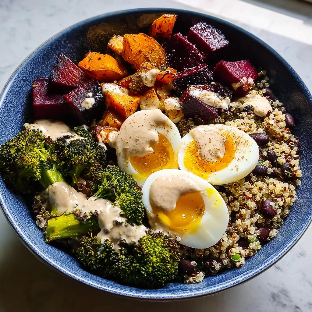 A colorful and nutritious breakfast ideas recipe bowl featuring quinoa, black beans, roasted broccoli, beets, sweet potatoes, and halved soft-boiled eggs with a drizzle of dressing.