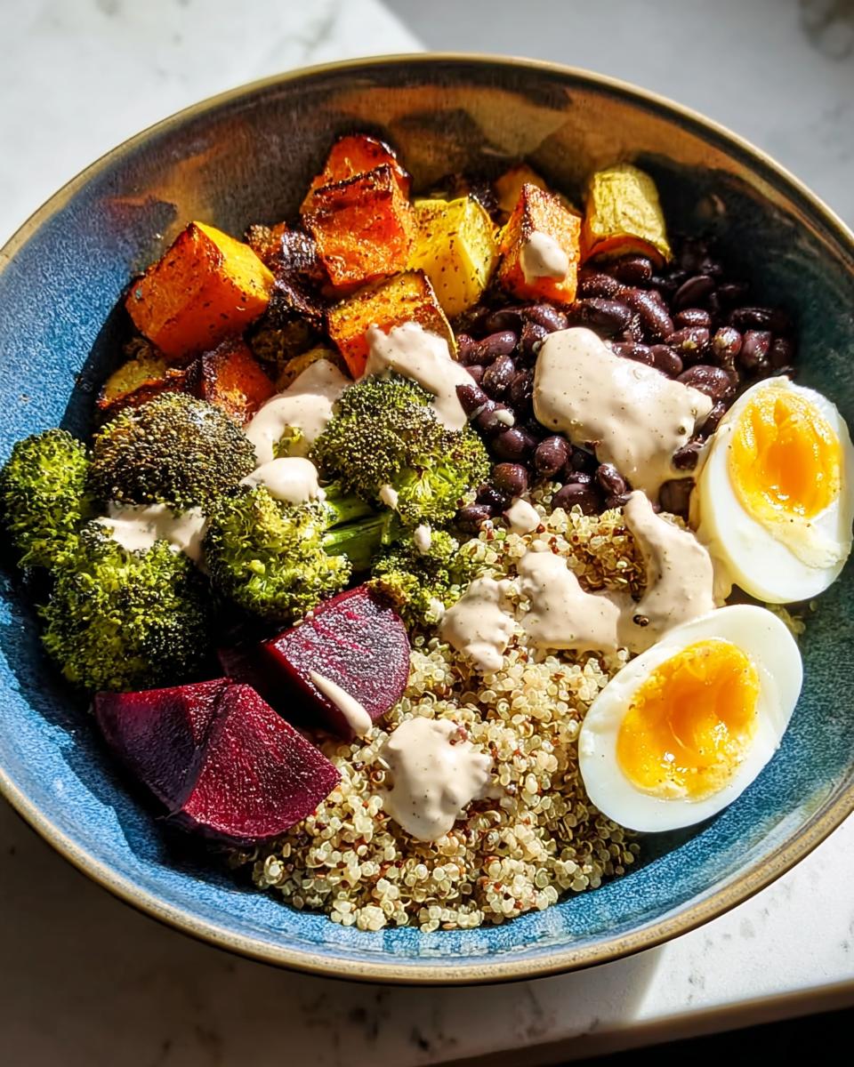 A vibrant bowl filled with quinoa, black beans, roasted vegetables, beet slices, and a soft-boiled egg, drizzled with sauce. A perfect breakfast ideas recipe.