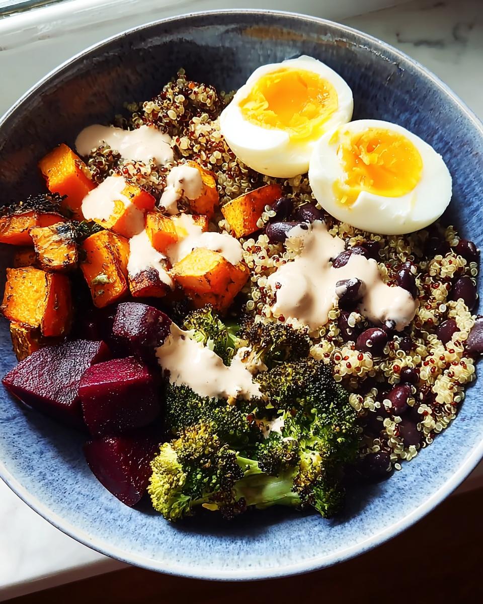 A vibrant bowl of healthy breakfast ideas recipes with quinoa, roasted sweet potatoes, beets, broccoli, black beans, and soft-boiled eggs.