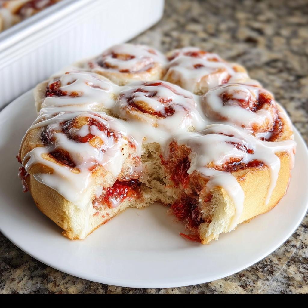 Close-up of delicious breakfast ideas recipes: cinnamon rolls with bright red filling and white icing.