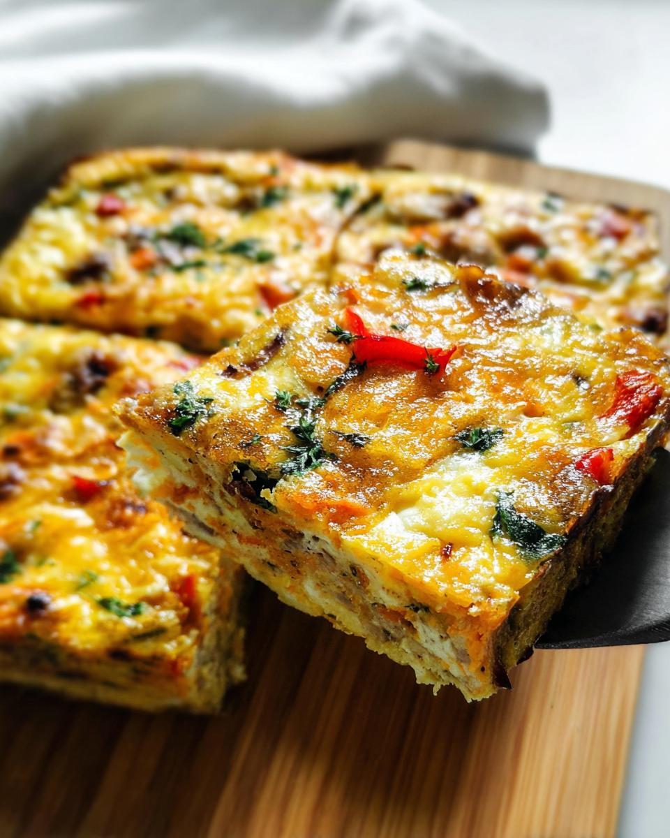 Close-up of a slice of a hearty breakfast casserole, featuring eggs, vegetables, and cheese, perfect for meal prep.