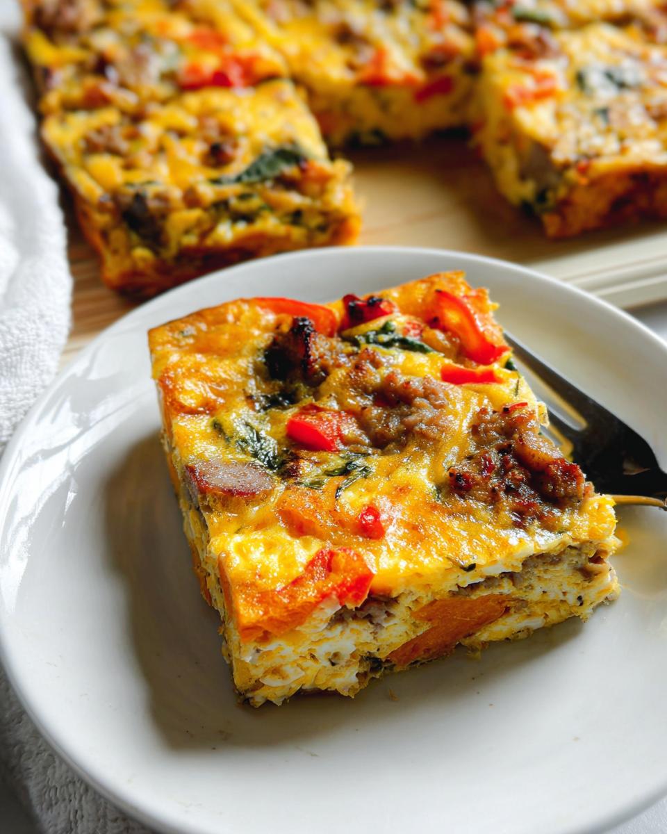 Slice of a savory breakfast egg bake with sausage, peppers, and spinach, perfect for meal prep.