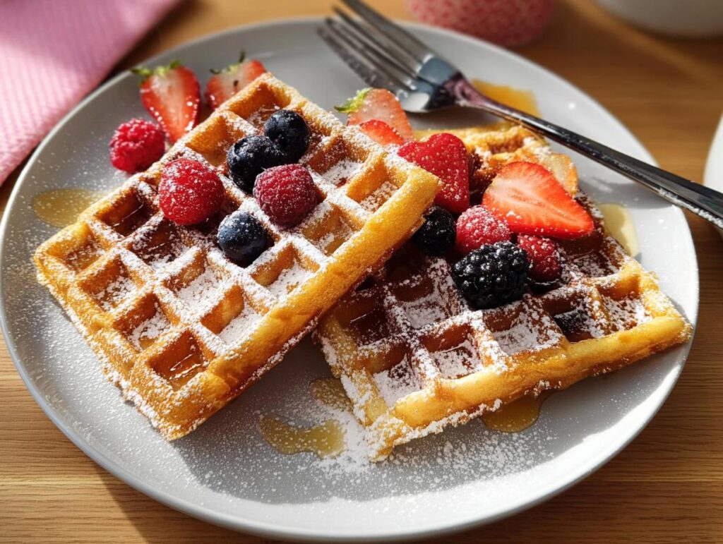 Two golden waffles topped with fresh strawberries, raspberries, blueberries, and powdered sugar, perfect for breakfast ideas recipes.