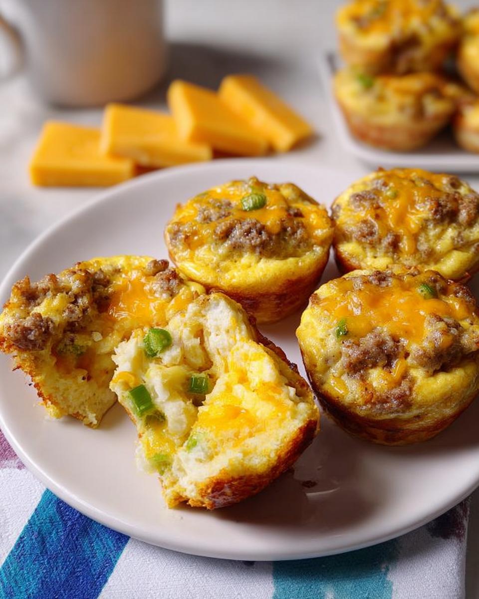 Close-up of savory breakfast muffins with sausage, cheese, and green onions, one muffin is broken open.