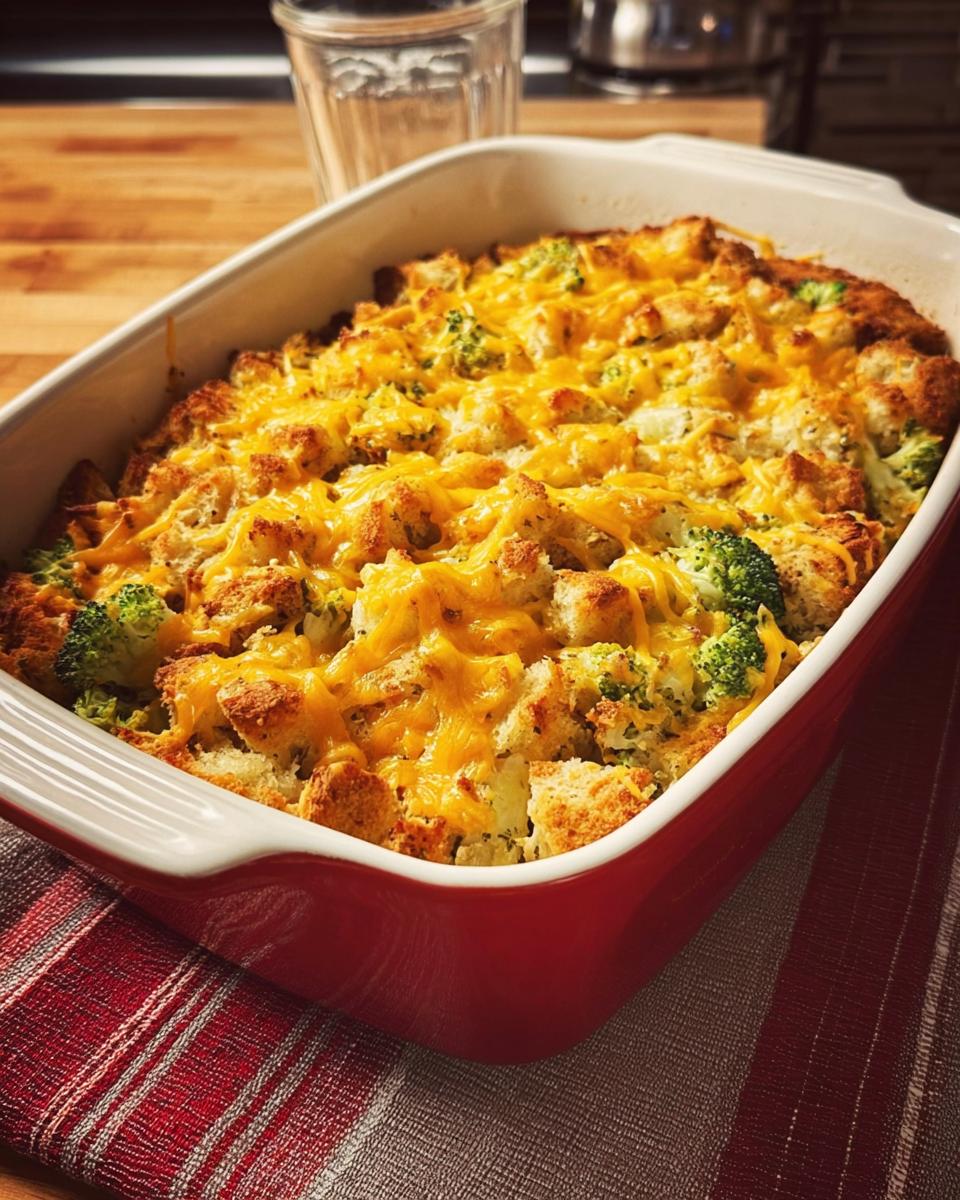 A golden-brown broccoli cheddar chicken casserole topped with melted cheese and croutons in a red baking dish.