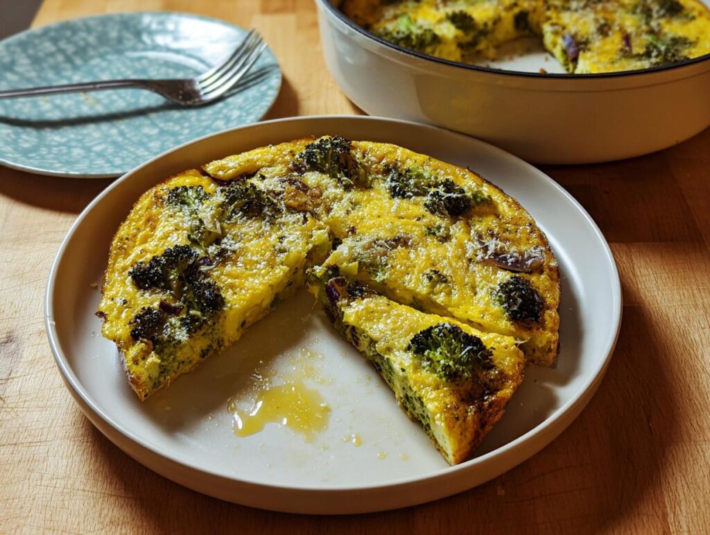 A slice of broccoli and cheese frittata on a plate, showcasing one of 25 genius egg recipes for busy weeknights.