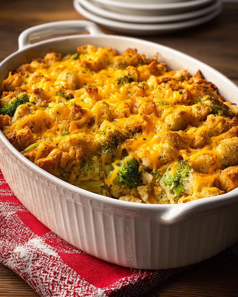 A close-up of a bubbling chicken broccoli casserole topped with melted cheddar cheese and breadcrumbs.