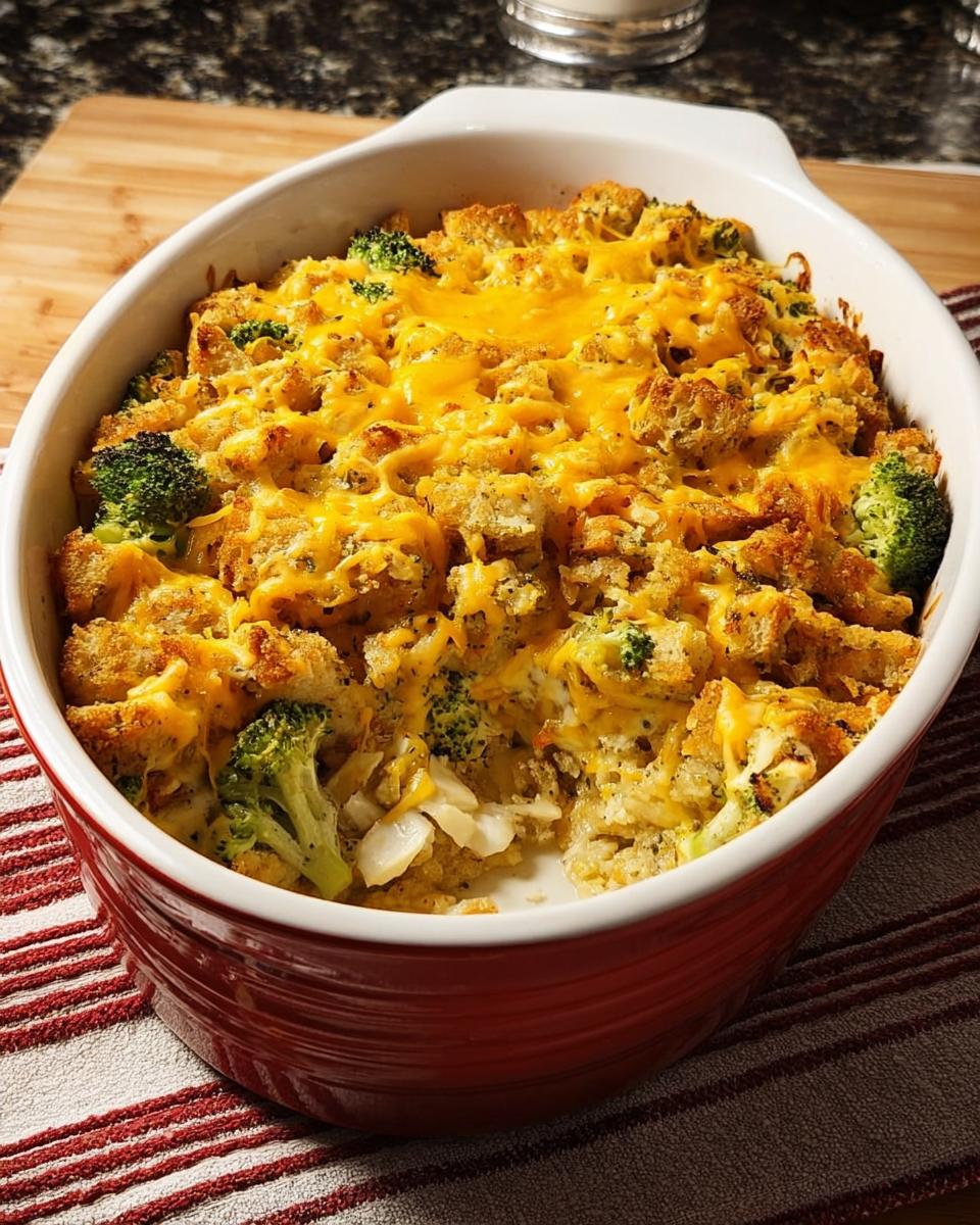 A golden-brown broccoli and chicken casserole topped with melted cheddar cheese and croutons.