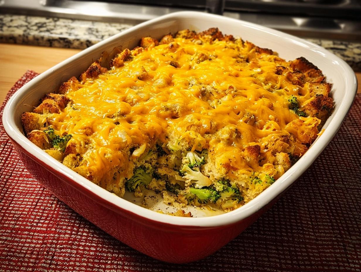 A golden-brown broccoli chicken casserole topped with melted cheddar cheese and a breadcrumb crust.