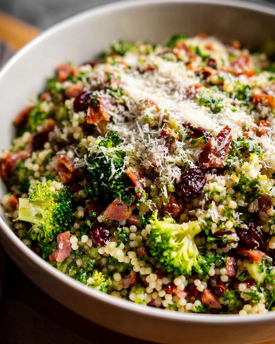 A vibrant bowl of broccoli and couscous salad, mixed with bacon bits, dried cranberries, and topped with grated Parmesan cheese.