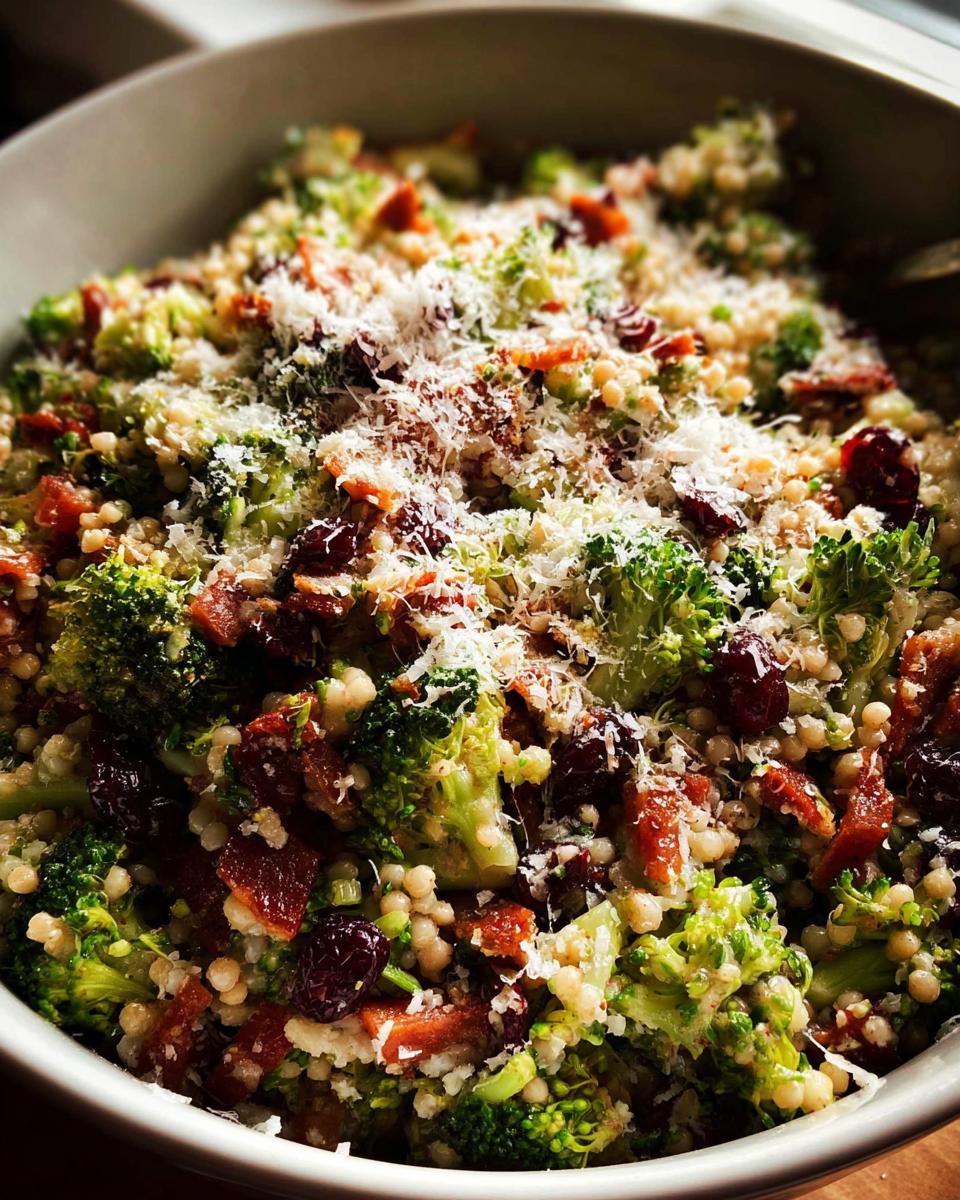 A vibrant broccoli and couscous salad with dried cranberries and bacon, topped with grated Parmesan cheese.