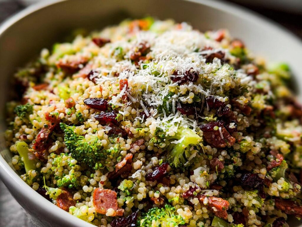 Close-up of a vibrant broccoli and cranberry quinoa salad, topped with grated cheese, a perfect veggie side.