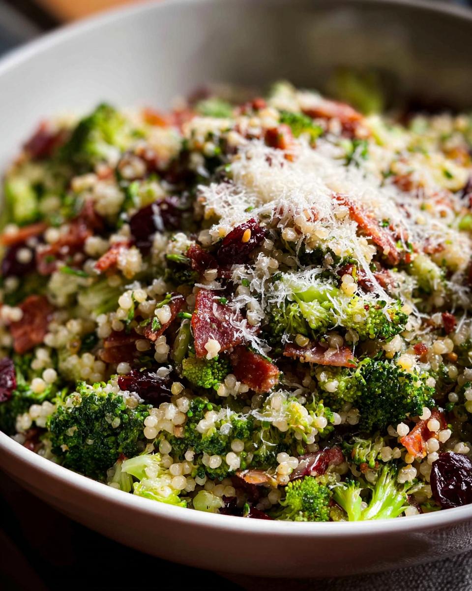 A close-up of a vibrant broccoli quinoa salad with crispy bacon bits, dried cranberries, and shredded Parmesan cheese.