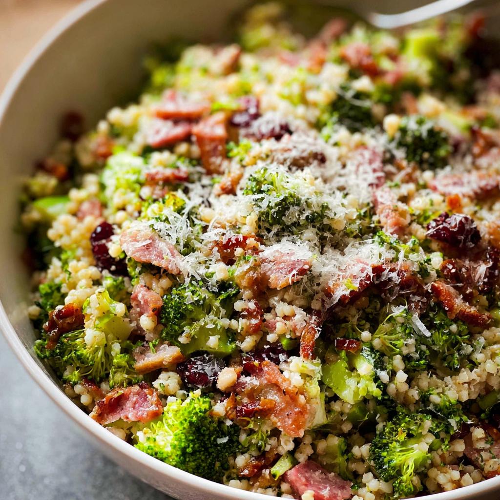 A close-up of a vibrant broccoli salad with couscous, crispy bacon, dried cranberries, and grated Parmesan cheese.