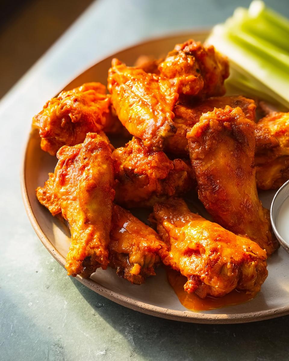 A plate of delicious buffalo chicken wings, coated in a vibrant orange sauce, served with celery sticks and a small dish of ranch dressing.