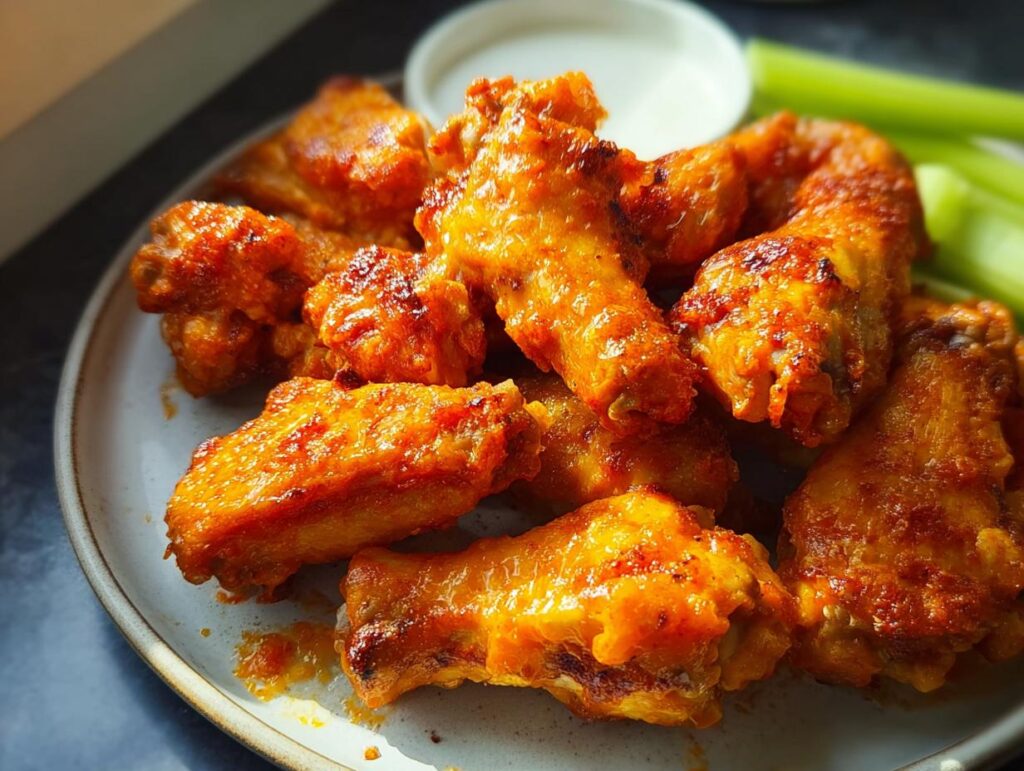 Close-up of a plate of crispy, saucy buffalo chicken wings, served with celery sticks and a side of dipping sauce.