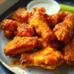 Close-up of a plate of crispy, saucy buffalo chicken wings, served with celery sticks and a side of dipping sauce.