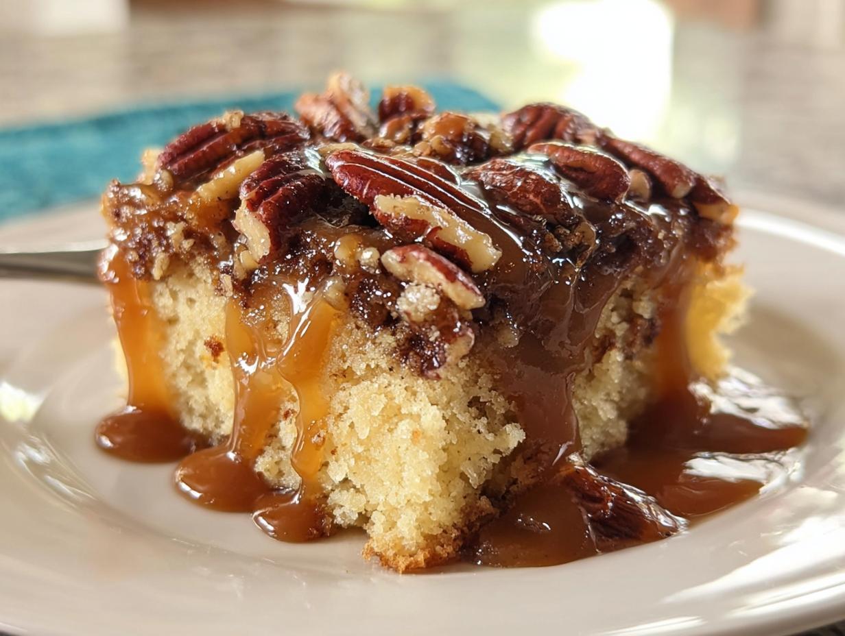 A slice of delicious caramel pecan cake, drizzled with rich caramel sauce and topped with crunchy pecans. A perfect cake idea for busy nights.