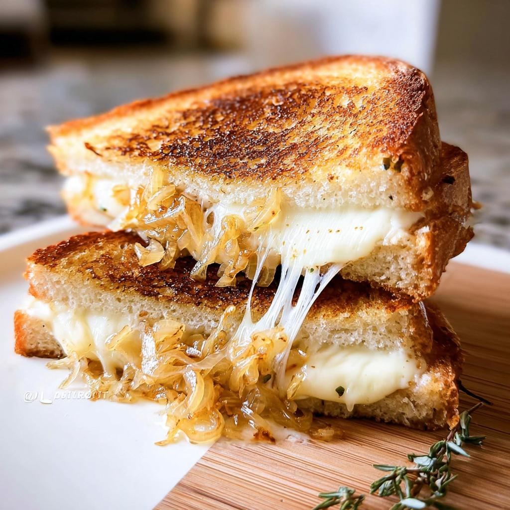 A stack of two halves of a caramelized onion grilled cheese sandwich, with melted cheese oozing out.