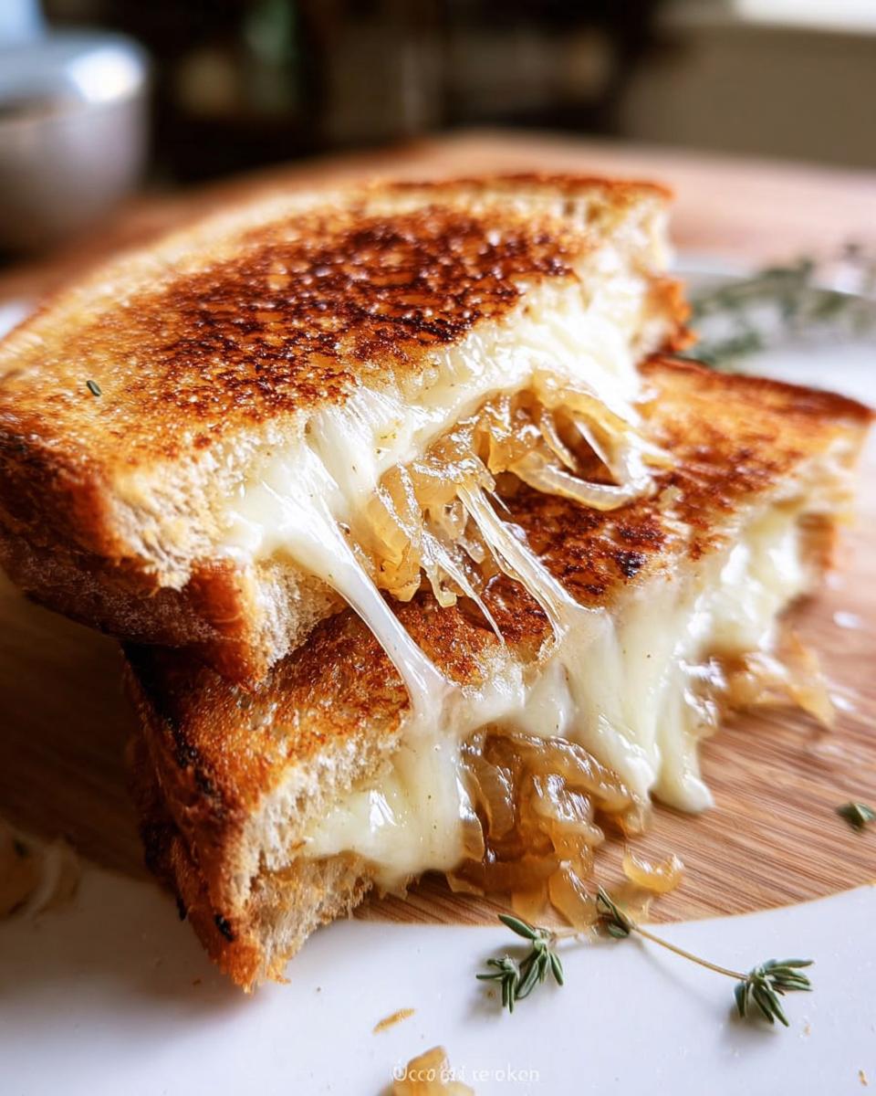 A close-up of a perfectly grilled cheese sandwich, oozing with melted cheese and caramelized onions.