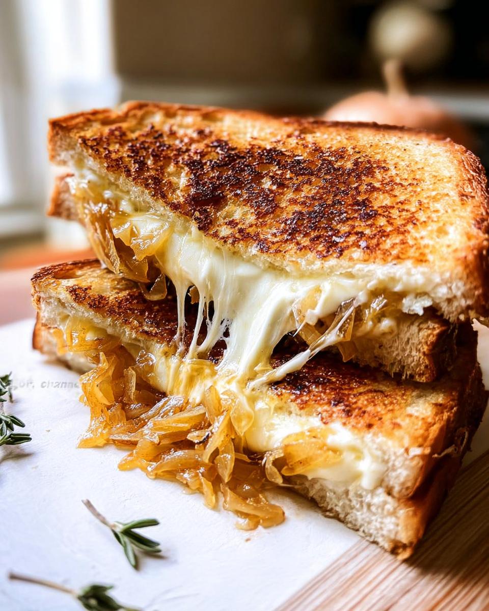 A close-up of a perfectly grilled cheese sandwich with caramelized onions and melted cheese oozing out.