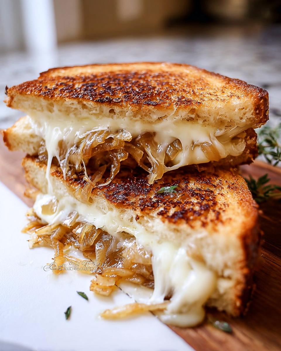 A close-up of a perfectly grilled cheese sandwich with caramelized onions and melted cheese oozing out.