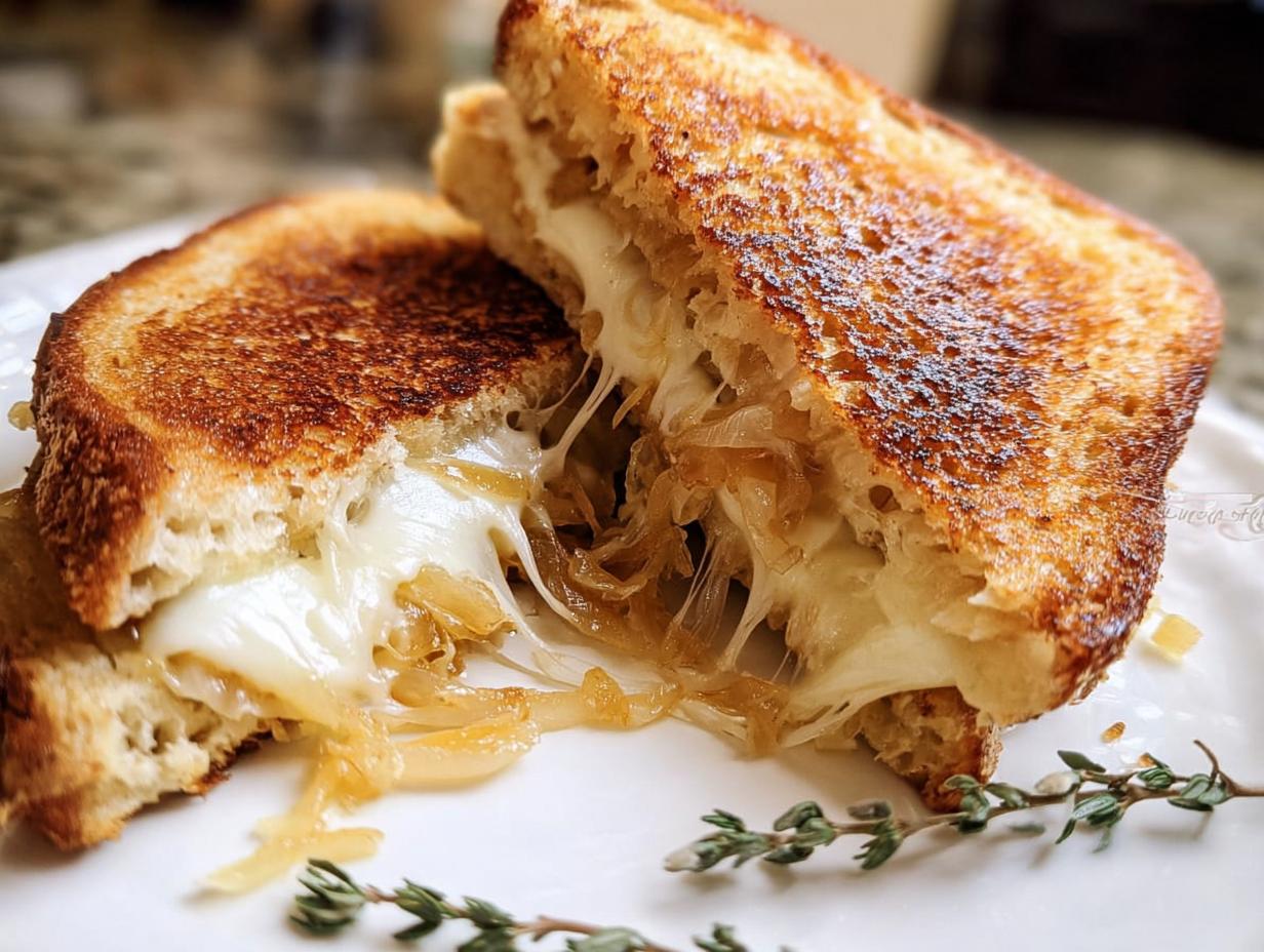 A perfectly grilled cheese sandwich, cut in half, with melted cheese oozing out, featuring caramelized onions.