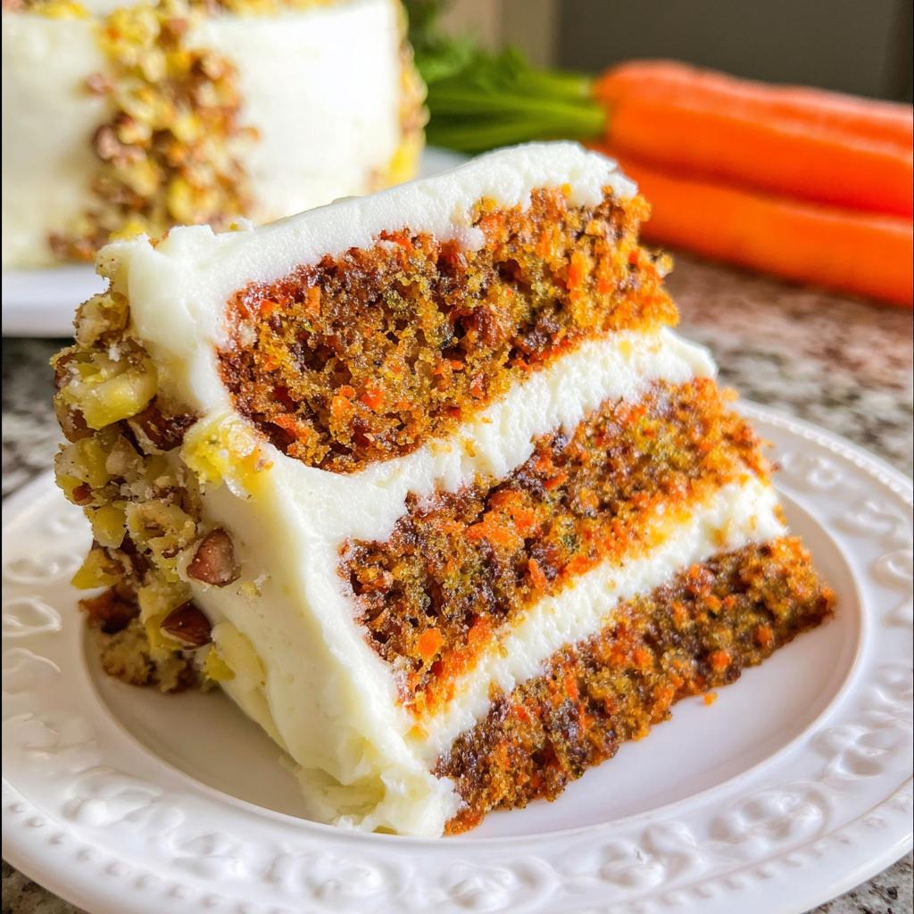 A slice of moist carrot cake with cream cheese frosting, featuring layers of spiced cake and nuts.