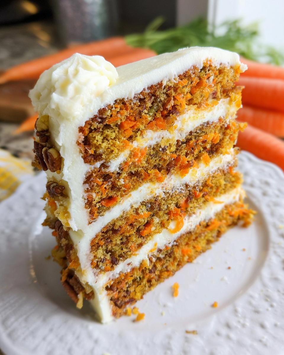A slice of moist carrot cake with cream cheese frosting, layered with nuts and spices.