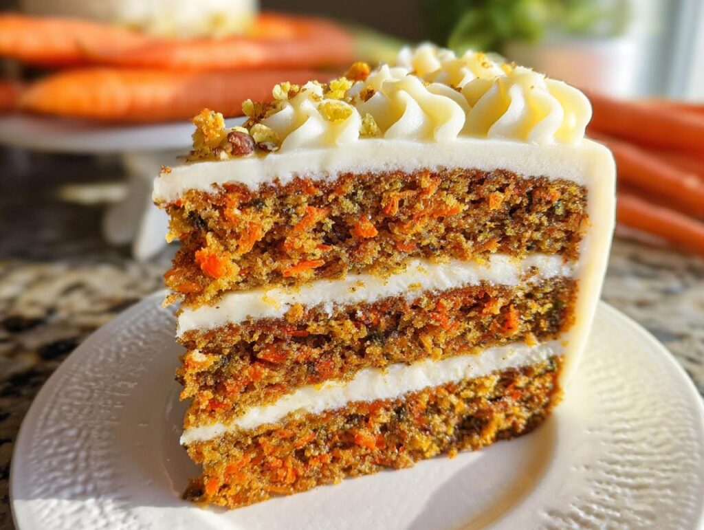 A slice of multi-layered carrot cake with cream cheese frosting, showcasing the moist texture and carrot shreds.