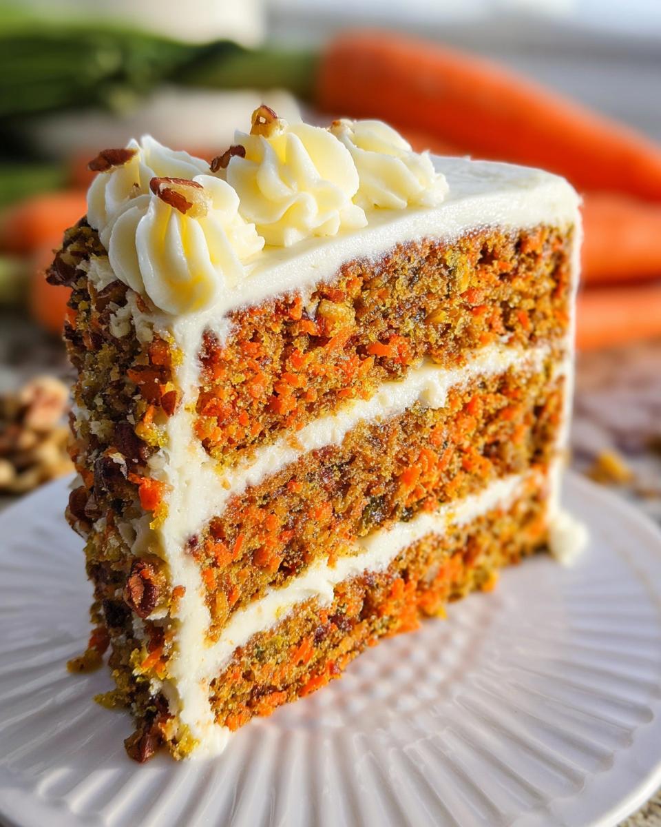 A slice of moist carrot cake with cream cheese frosting, showing layers of grated carrots and nuts.