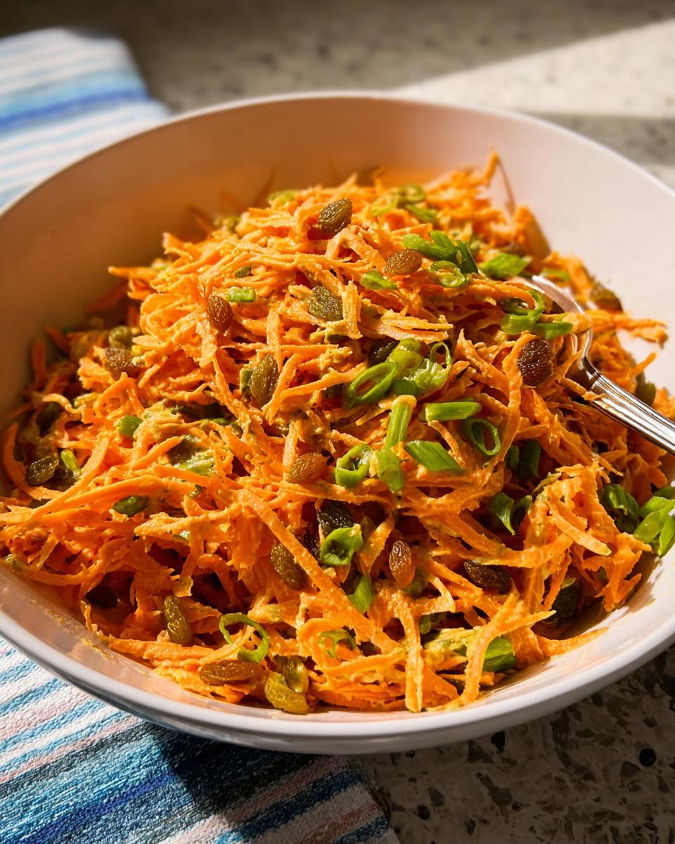 A vibrant bowl of shredded carrot salad with raisins and green onions, perfect for quick veggie sides recipes.