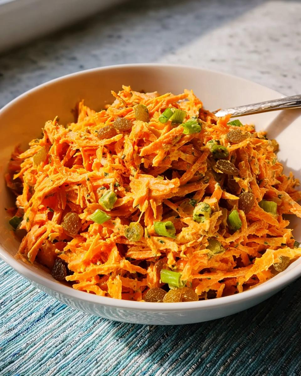 A close-up of a bowl filled with shredded carrot salad, featuring raisins and chopped green onions, perfect for veggie sides recipes.