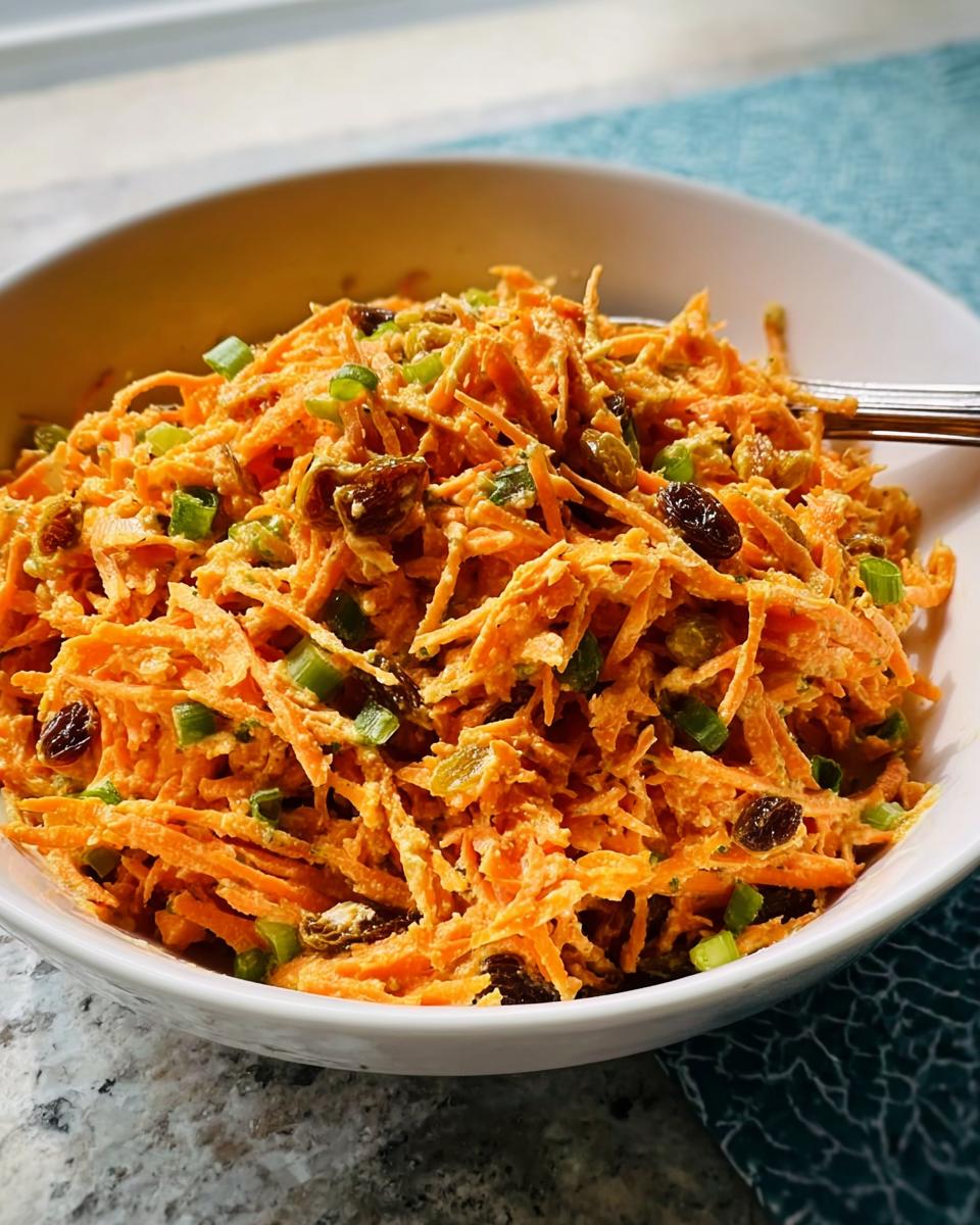 A bowl of shredded carrot salad with raisins and chopped green onions, a perfect quick veggie side.