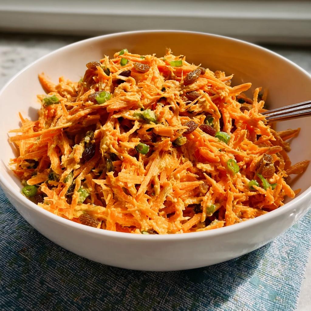 A close-up of a vibrant carrot salad with raisins and green onions, perfect for quick veggie sides recipes.