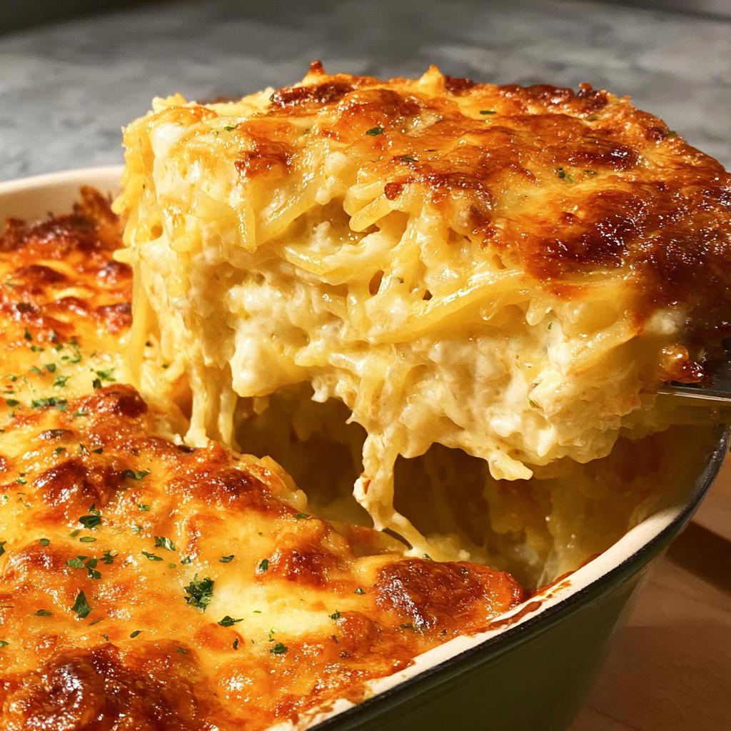 A serving of cheesy baked pasta casserole, showing layers of spaghetti and creamy sauce with a golden-brown cheese crust.